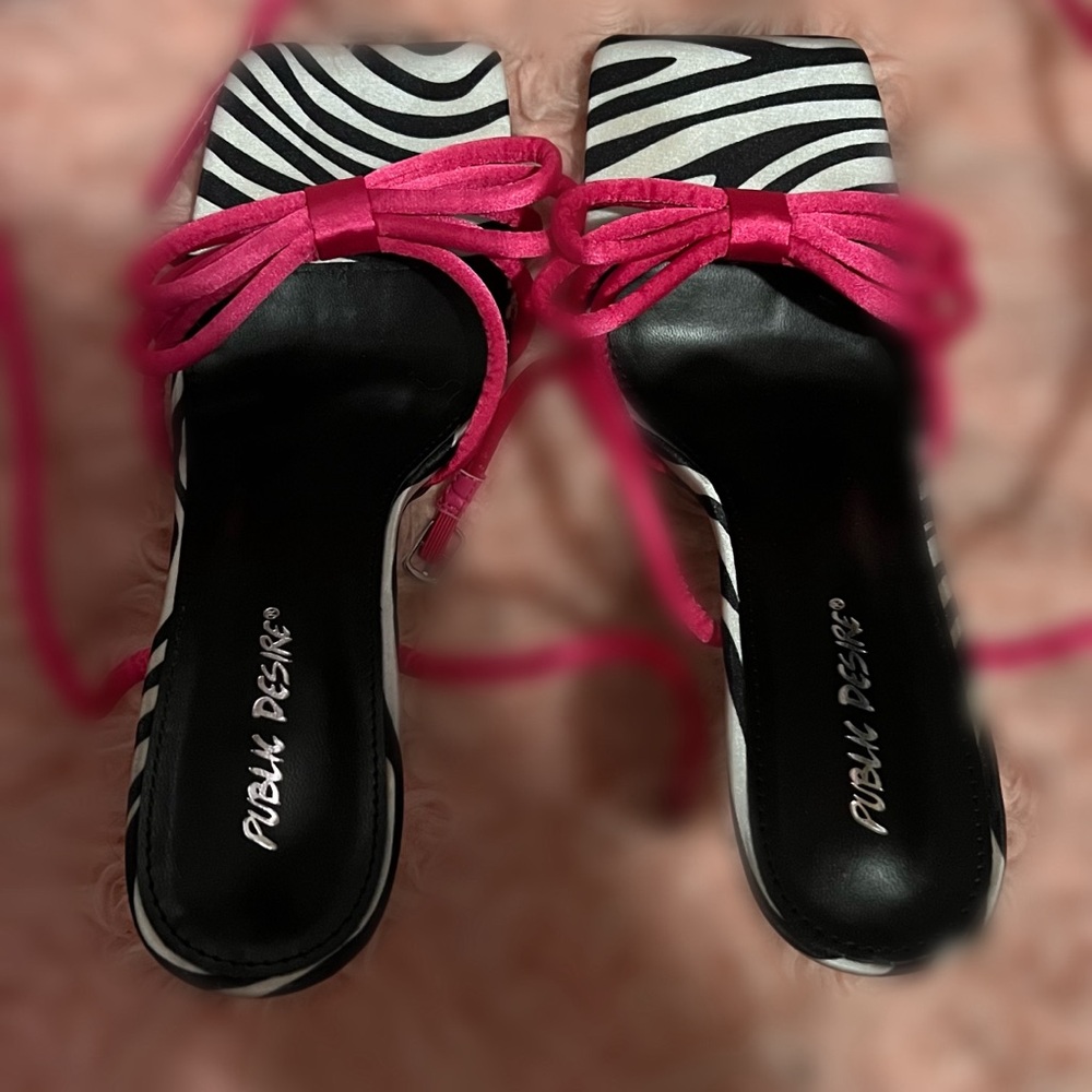 public desire zebra print pink satin strappy bow heels